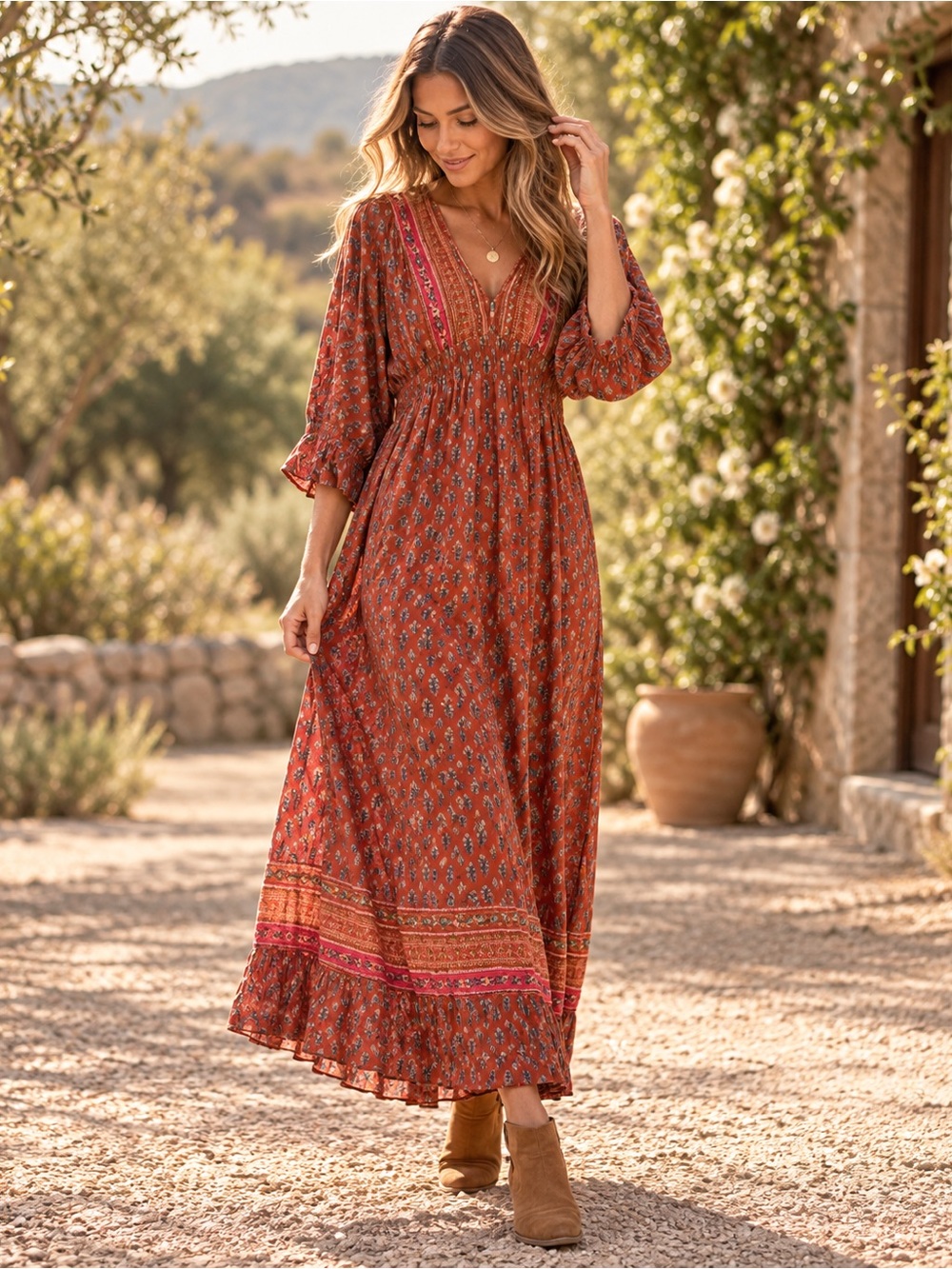Angie Boho Floral Print Maxi Dress Rust Orange V-Neck Ruffle Sleeve Medium